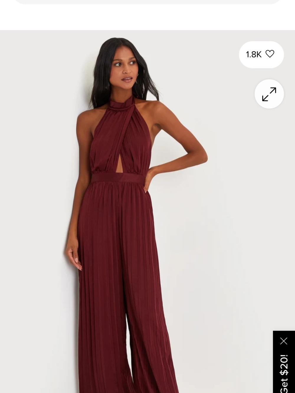 Lulus confident impression burgundy satin pleated halter jumpsuit